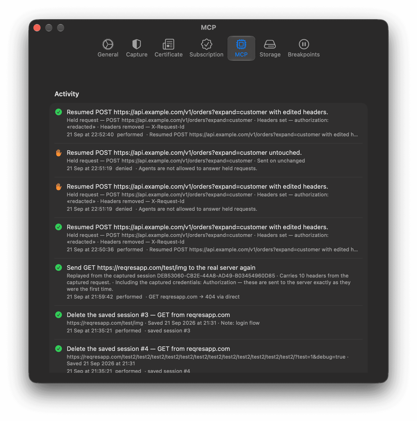 ReqRes Settings on the MCP tab, Activity section, listing agent changes: resumed held requests, a replayed GET and deleted saved sessions, each marked performed or denied.