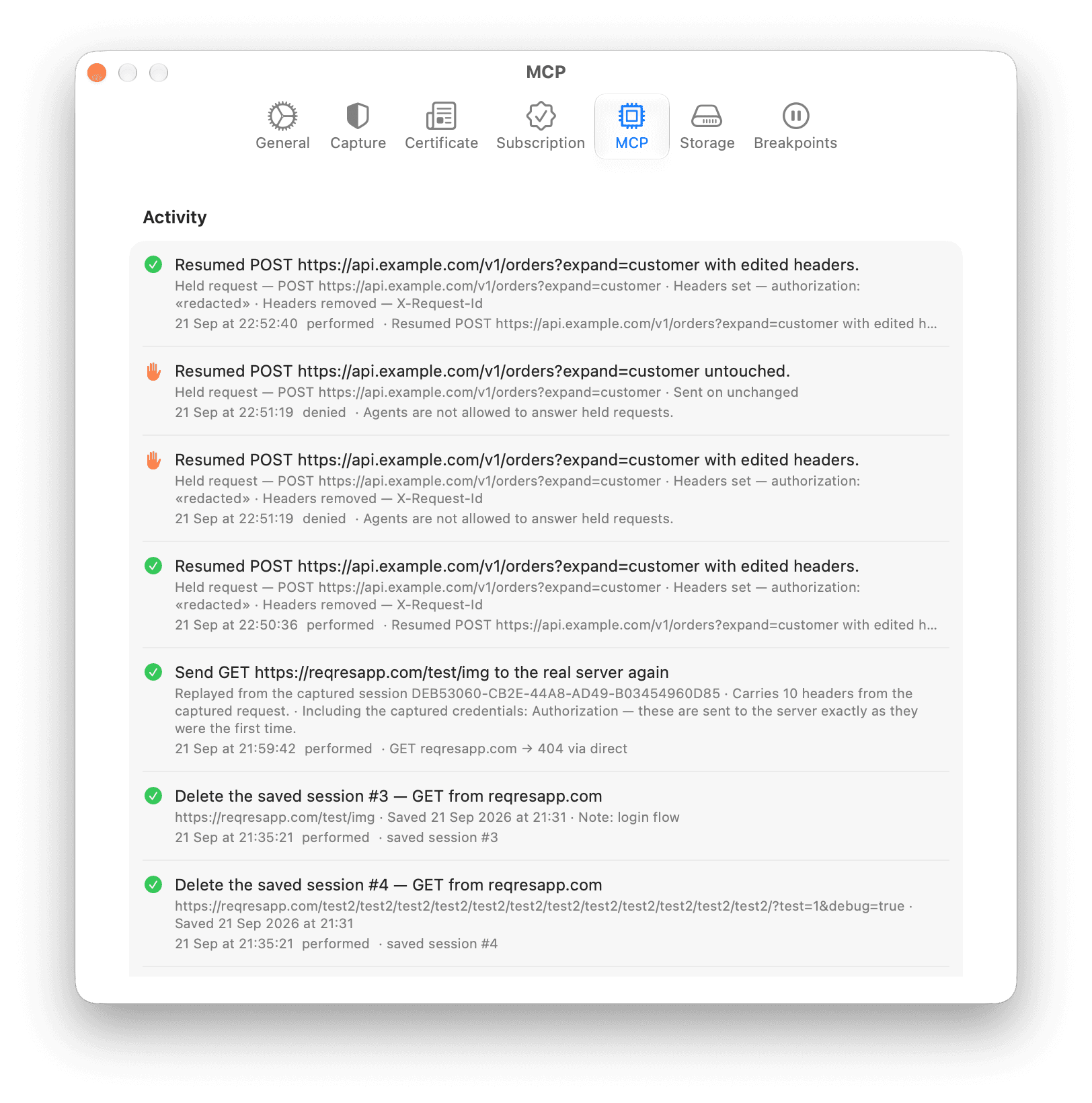ReqRes Settings on the MCP tab, Activity section, listing agent changes: resumed held requests, a replayed GET and deleted saved sessions, each marked performed or denied.