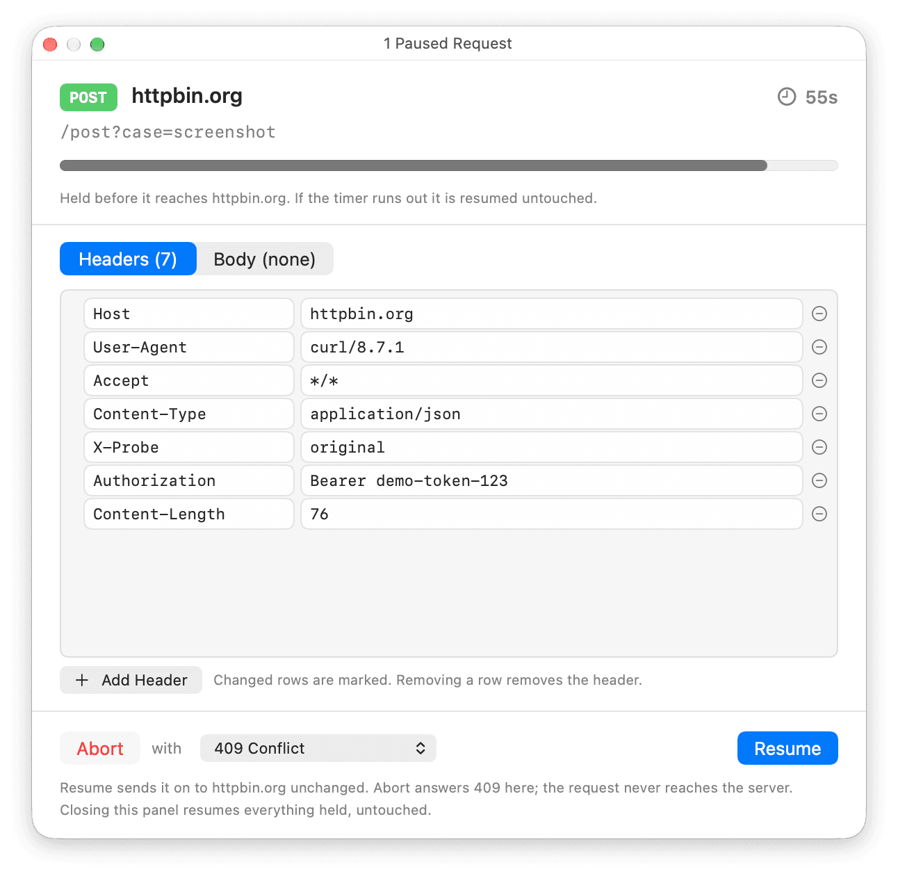 The ReqRes panel titled 1 Paused Request, showing a held request to httpbin.org and the seconds left before it is resumed untouched. Its headers are editable rows with an Add Header button. Below them are Abort, with 409 Conflict as the status, and Resume.
