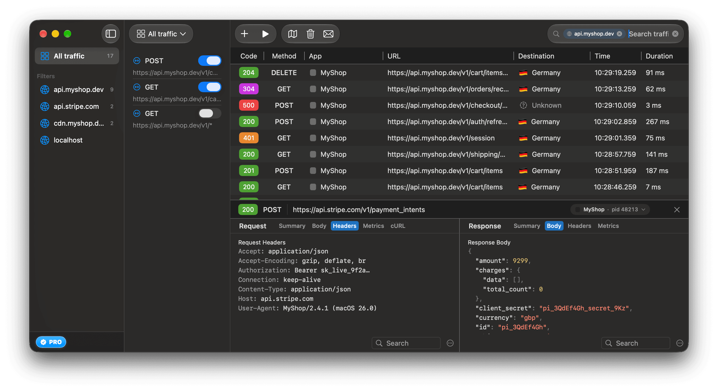 A host: token for api.myshop.dev in the ReqRes search field, with the traffic list narrowed to requests to that host.