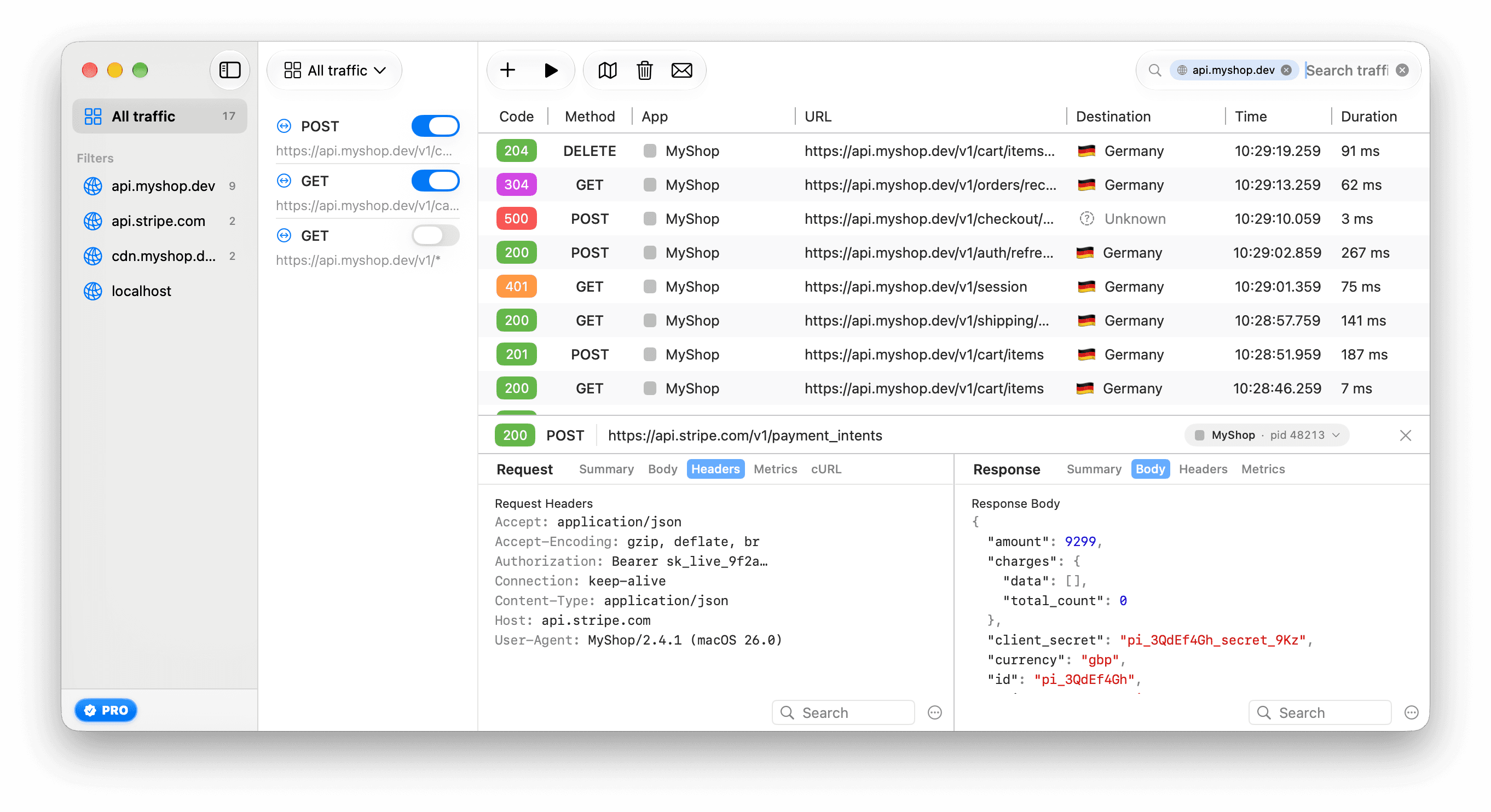 A host: token for api.myshop.dev in the ReqRes search field, with the traffic list narrowed to requests to that host.