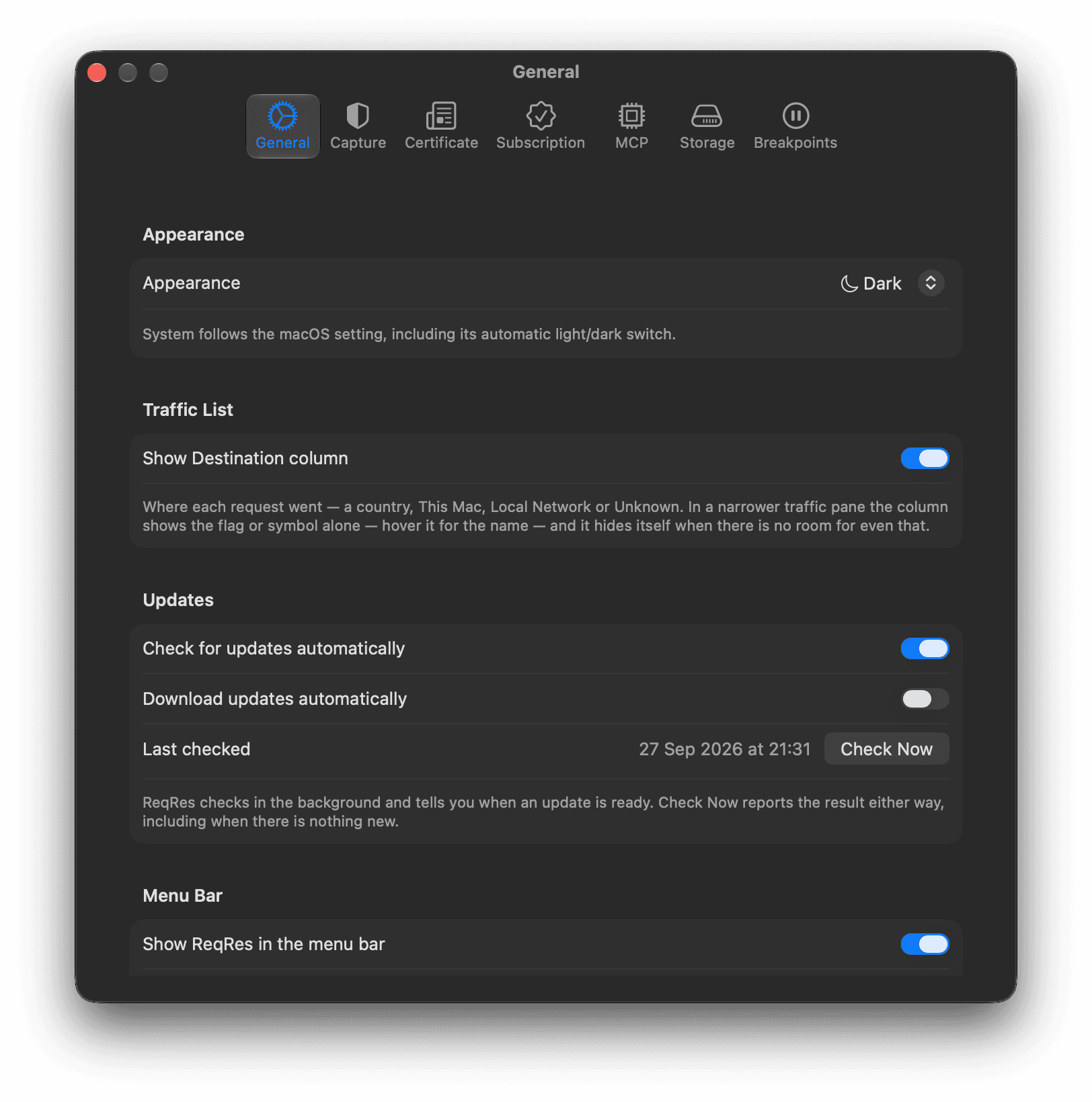ReqRes Settings on the General tab. The Updates section shows Check for updates automatically switched on, Download updates automatically switched off, the last check date and a Check Now button.