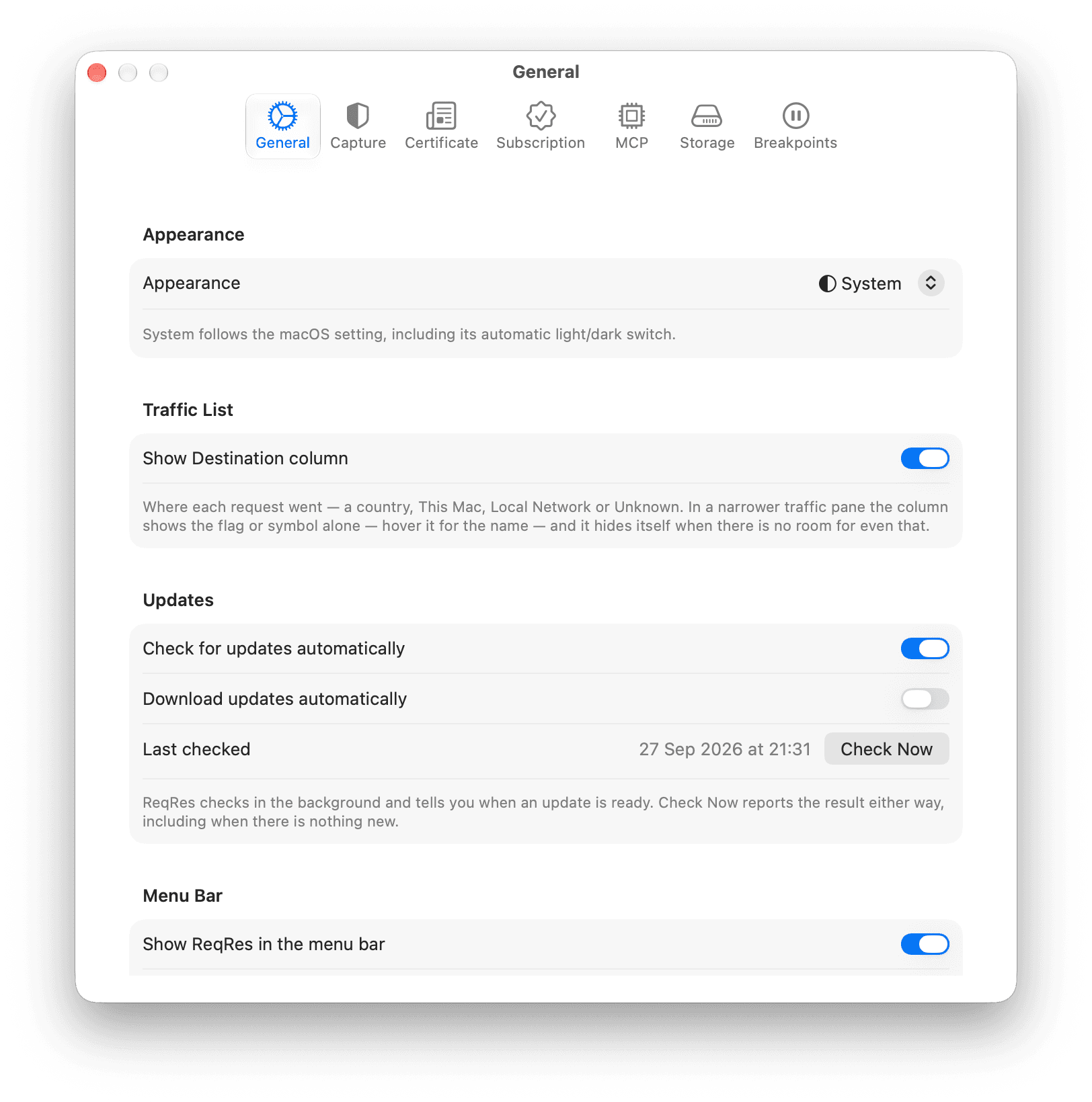 ReqRes Settings on the General tab. The Updates section shows Check for updates automatically switched on, Download updates automatically switched off, the last check date and a Check Now button.