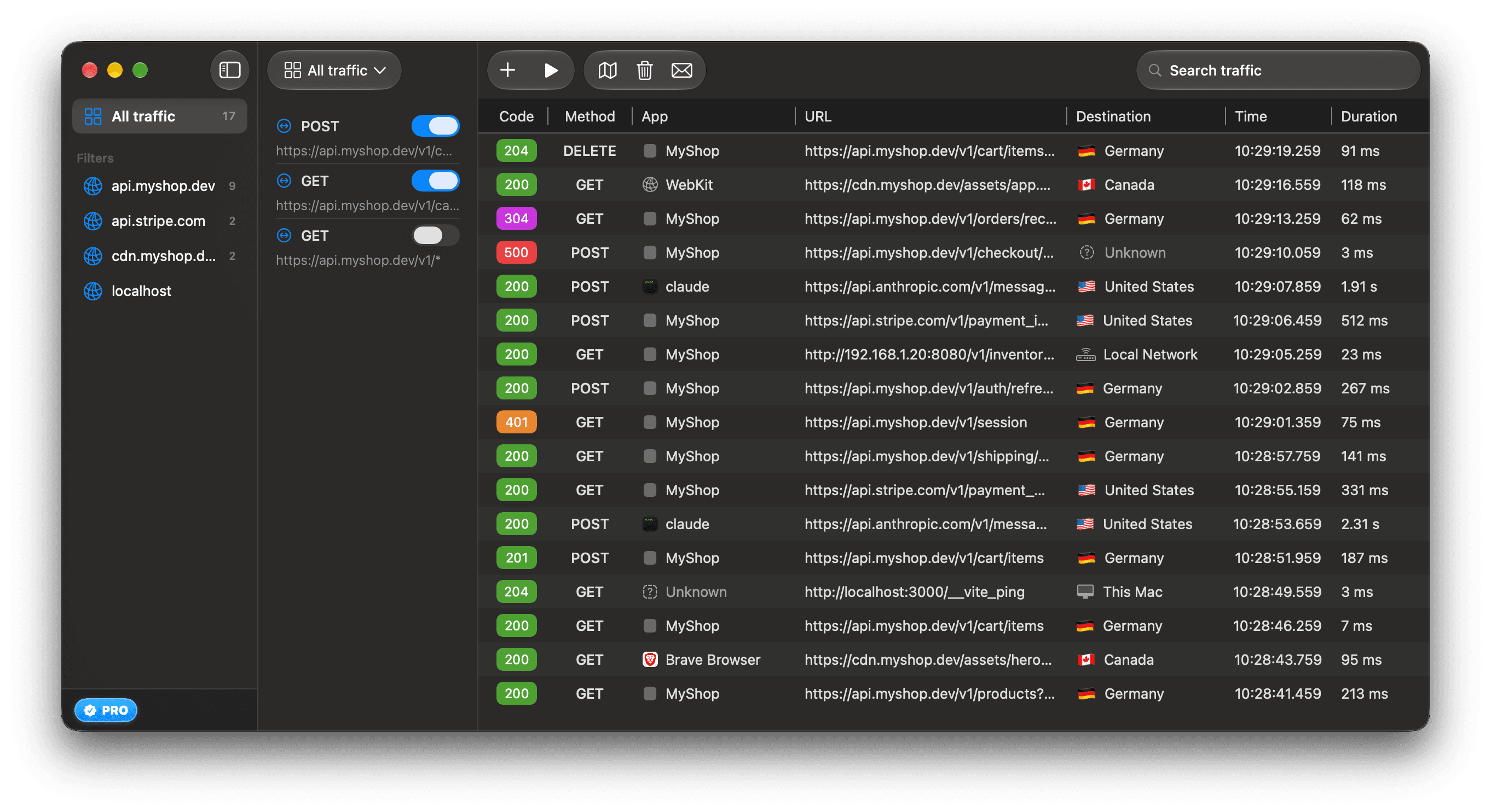The ReqRes main window with captured requests in the traffic list. The toolbar above the list has the add, capture, Destinations, clear and feedback buttons.