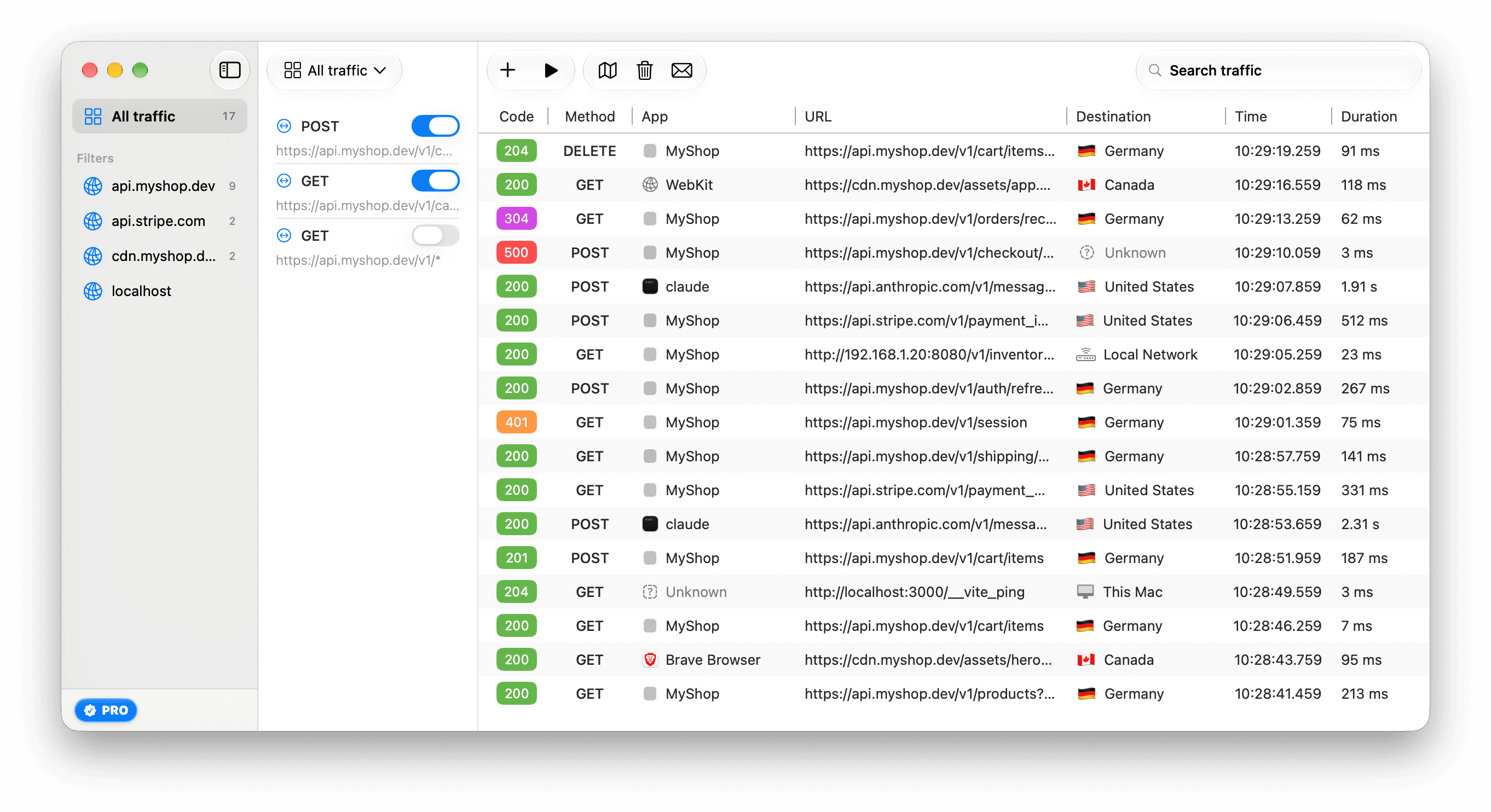 The ReqRes main window with captured requests in the traffic list. The toolbar above the list has the add, capture, Destinations, clear and feedback buttons.