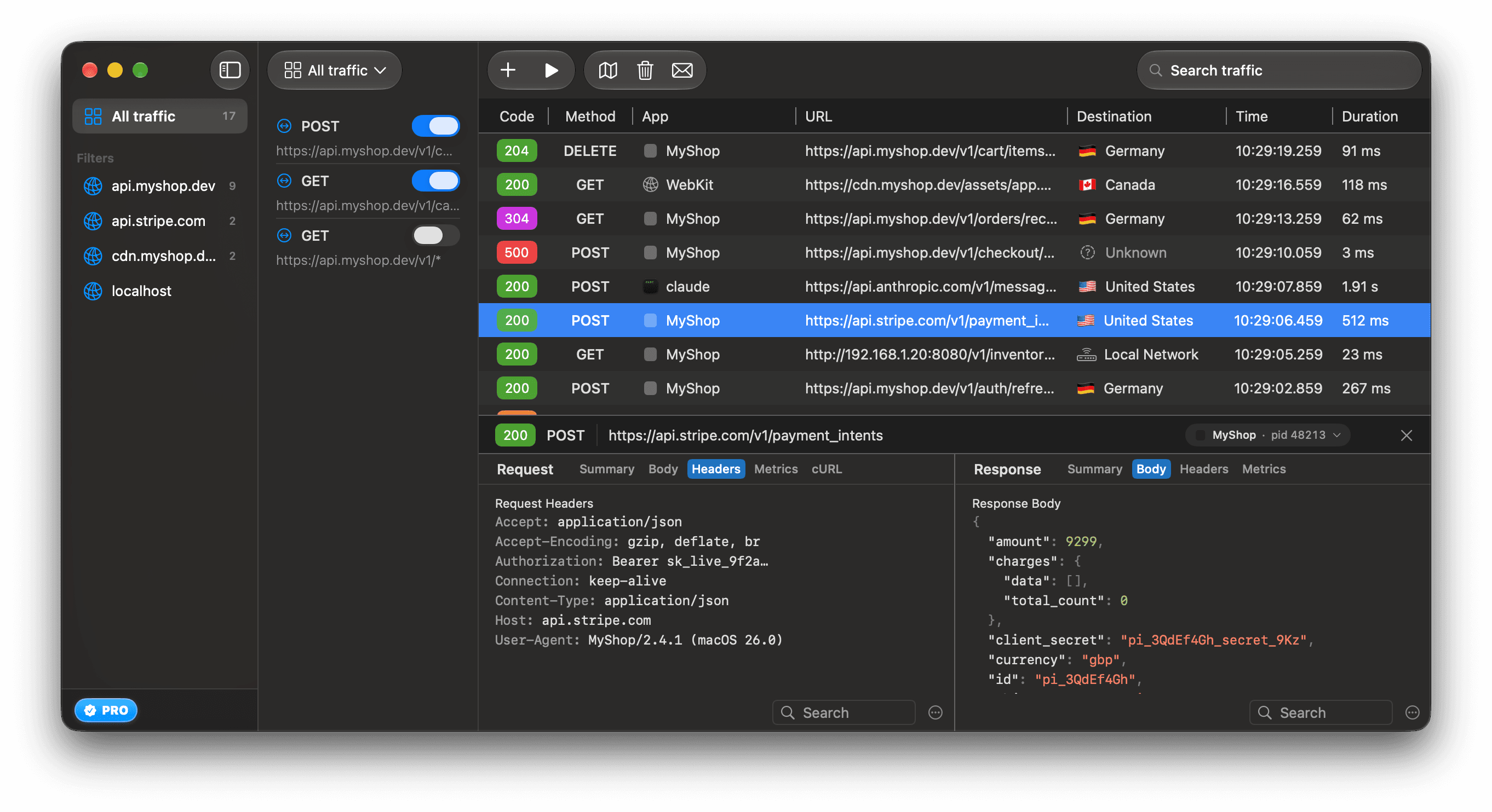 The ReqRes inspector showing a POST request to api.stripe.com, with the request headers on the left and the JSON response body on the right.