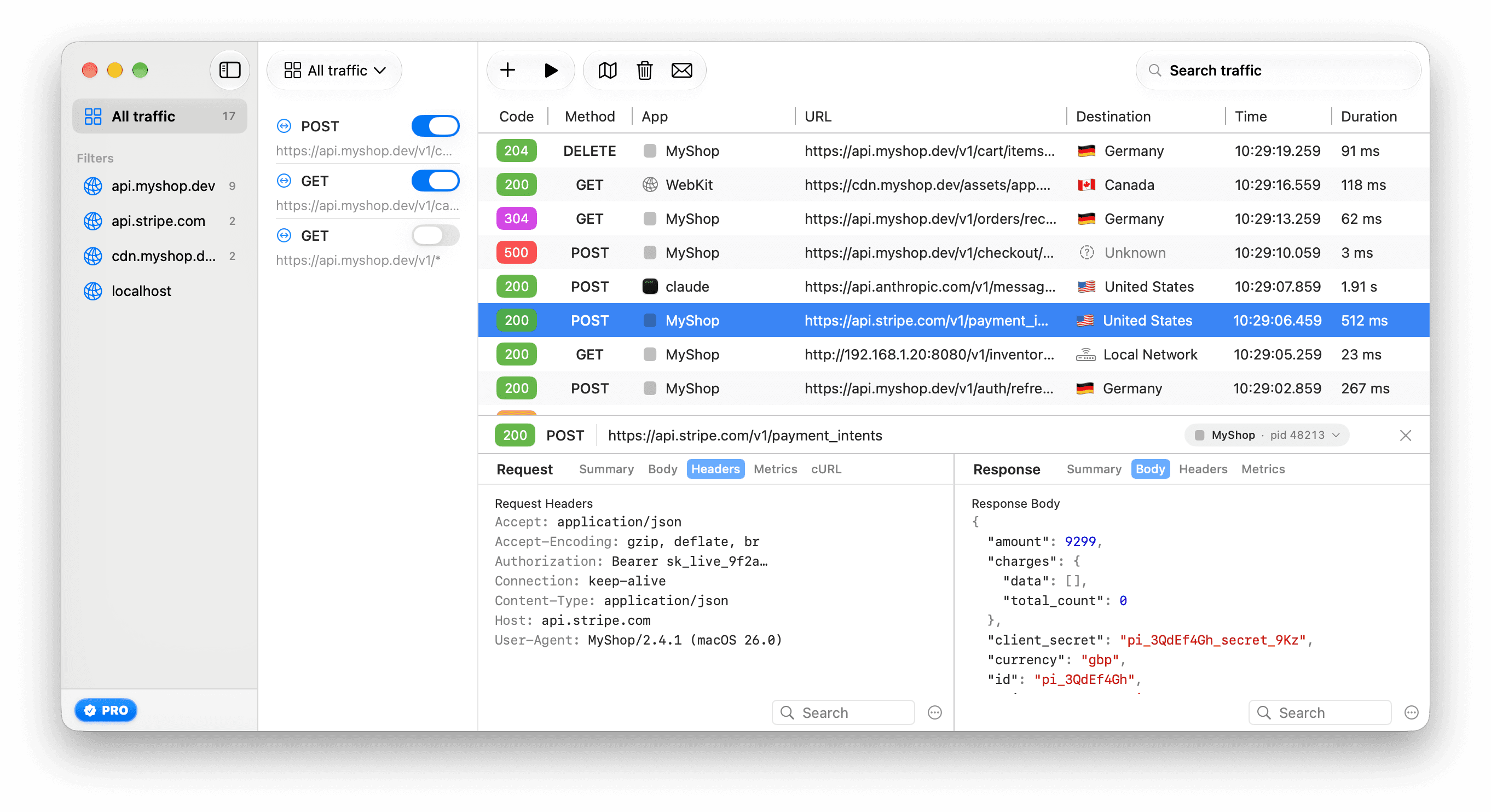 The ReqRes inspector showing a POST request to api.stripe.com, with the request headers on the left and the JSON response body on the right.